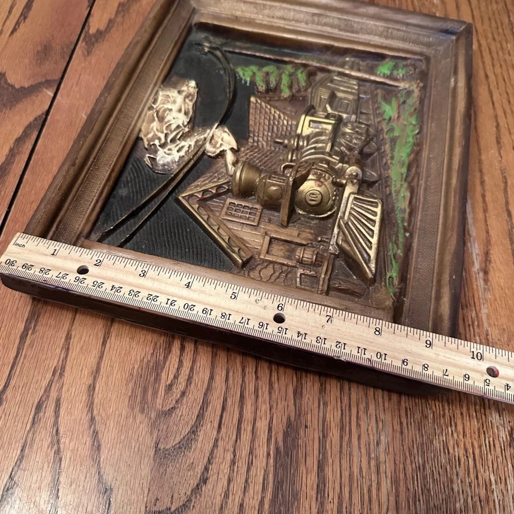 Vintage PRR Steam Train 3D Relief Wall Art Plaque Brown Gold 11x9‎ Railroad